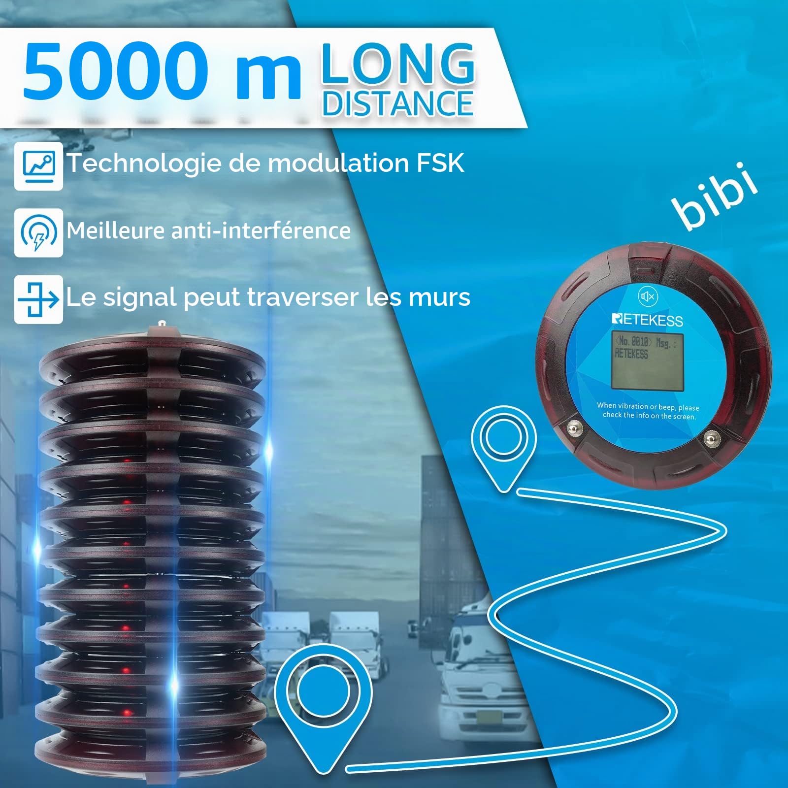 Retekess TD166 Bipeur Restaurant, 5000M Bipeur Logistique, 10 Bippers | pour Logistique, Quai, Usine, Grande Batterie de 550 mAh, Peut Envoyer des SMS, Se Connecte à Un Ordinateur et à Un Clavier