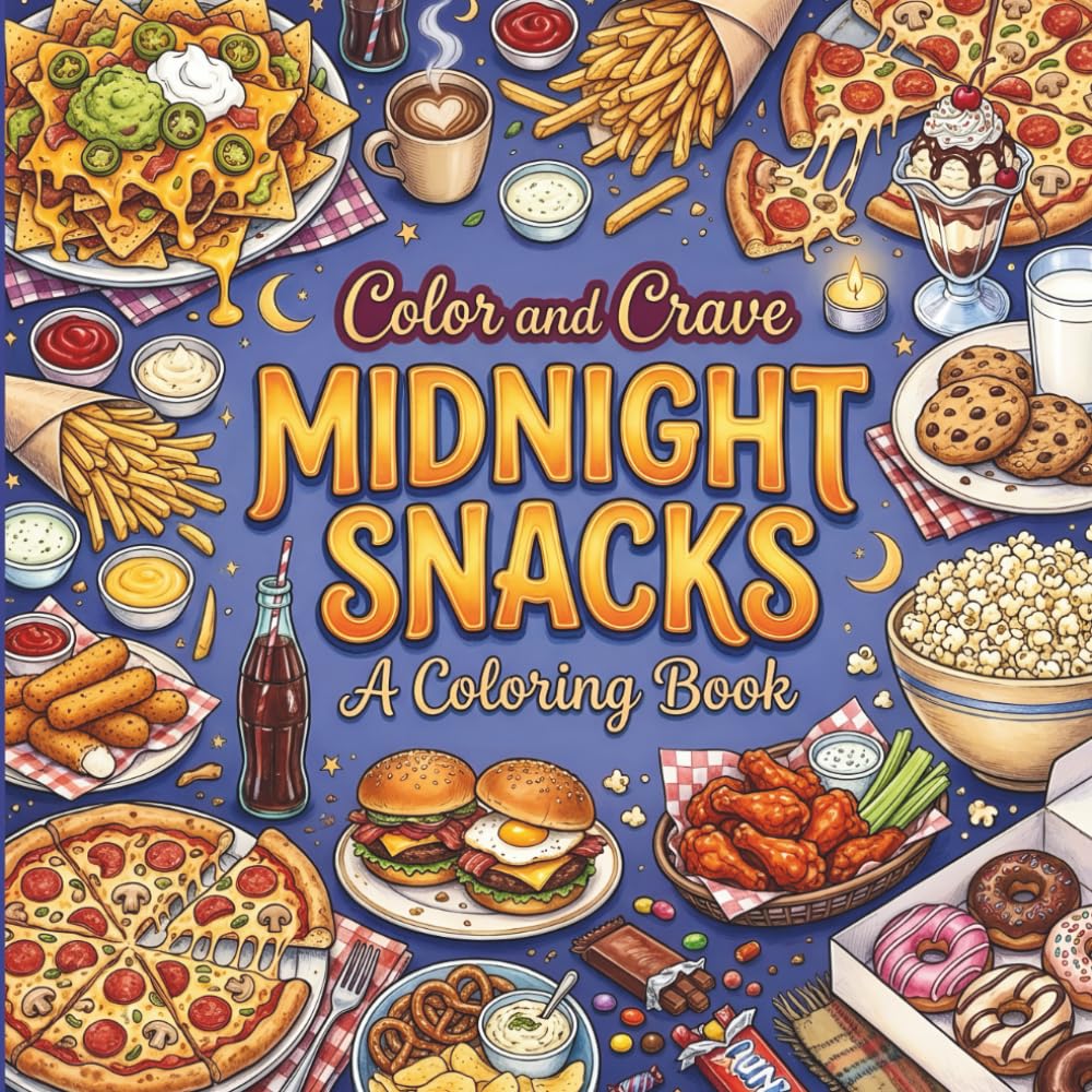 Midnight Snacks: Coloring Book for Foodies, Adults and Kids, Rich and Detailed for Foodies and Relaxation Featuring a Variety of Foods, Drinks and Snacks