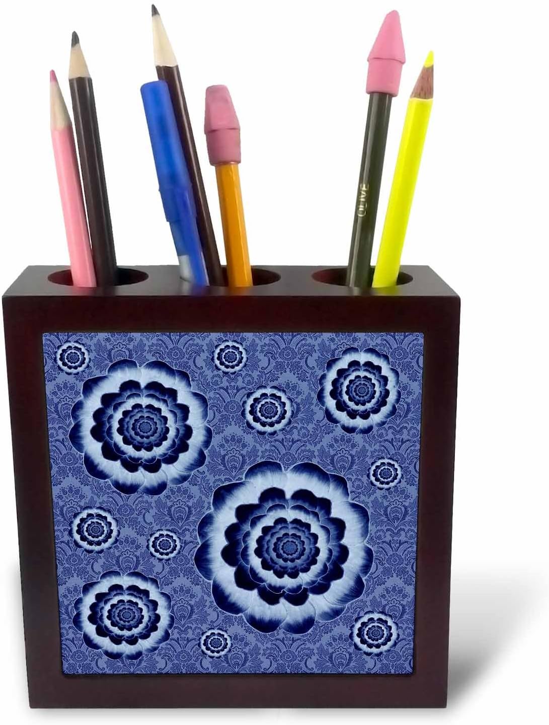 3dRose ph_32130_1 Baby Blue and Navy Flowers on Denim Blue Damask Background-Tile Pen Holder, 5-Inch