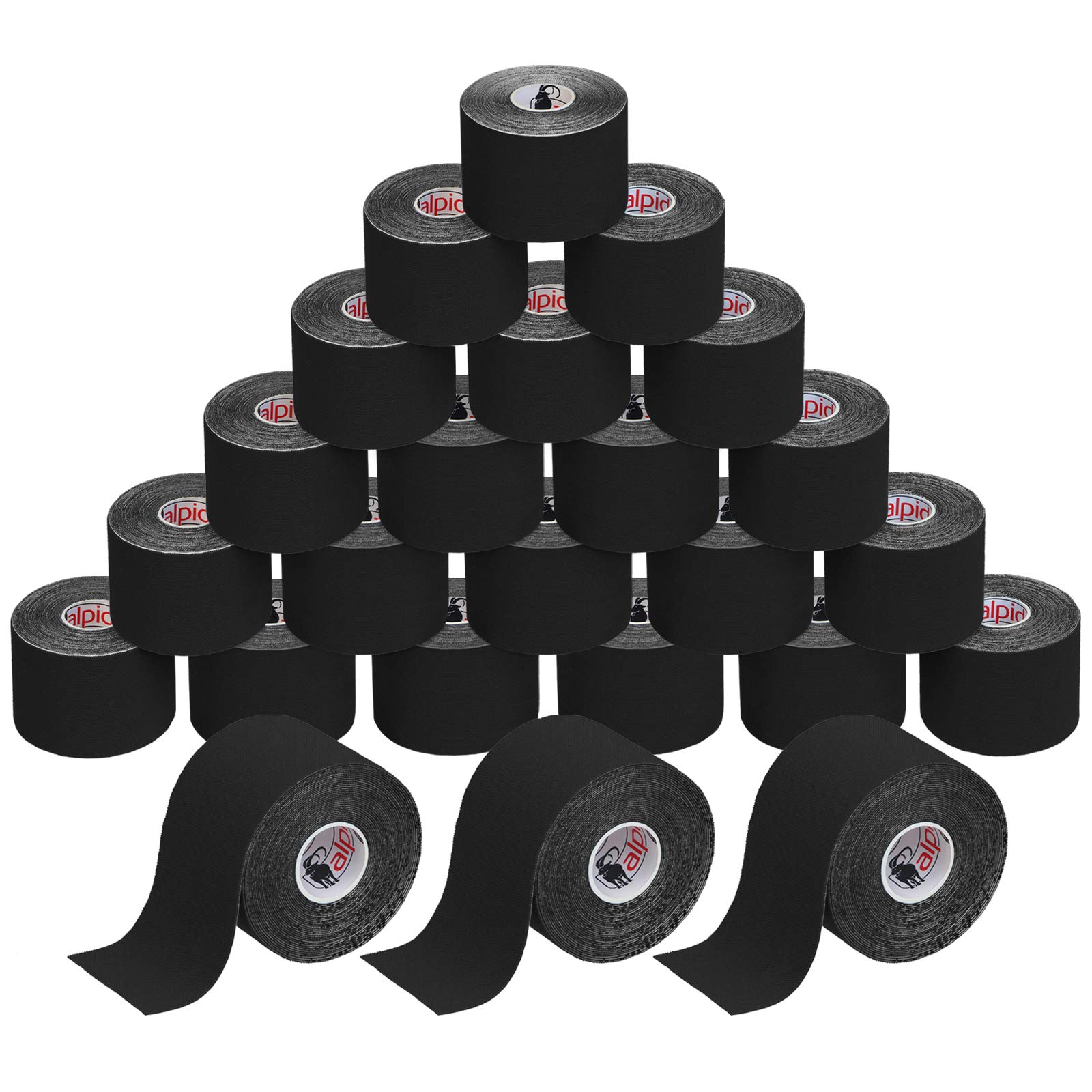 ALPIDEX 24 Rollen Kinesiologie Tape 5 m x 5,0 cm Viele Farben Anwendungsbroschüre Elastisch Wasserfest Hautfreundlich Physio Muskel Tape Set, Farbe:schwarz