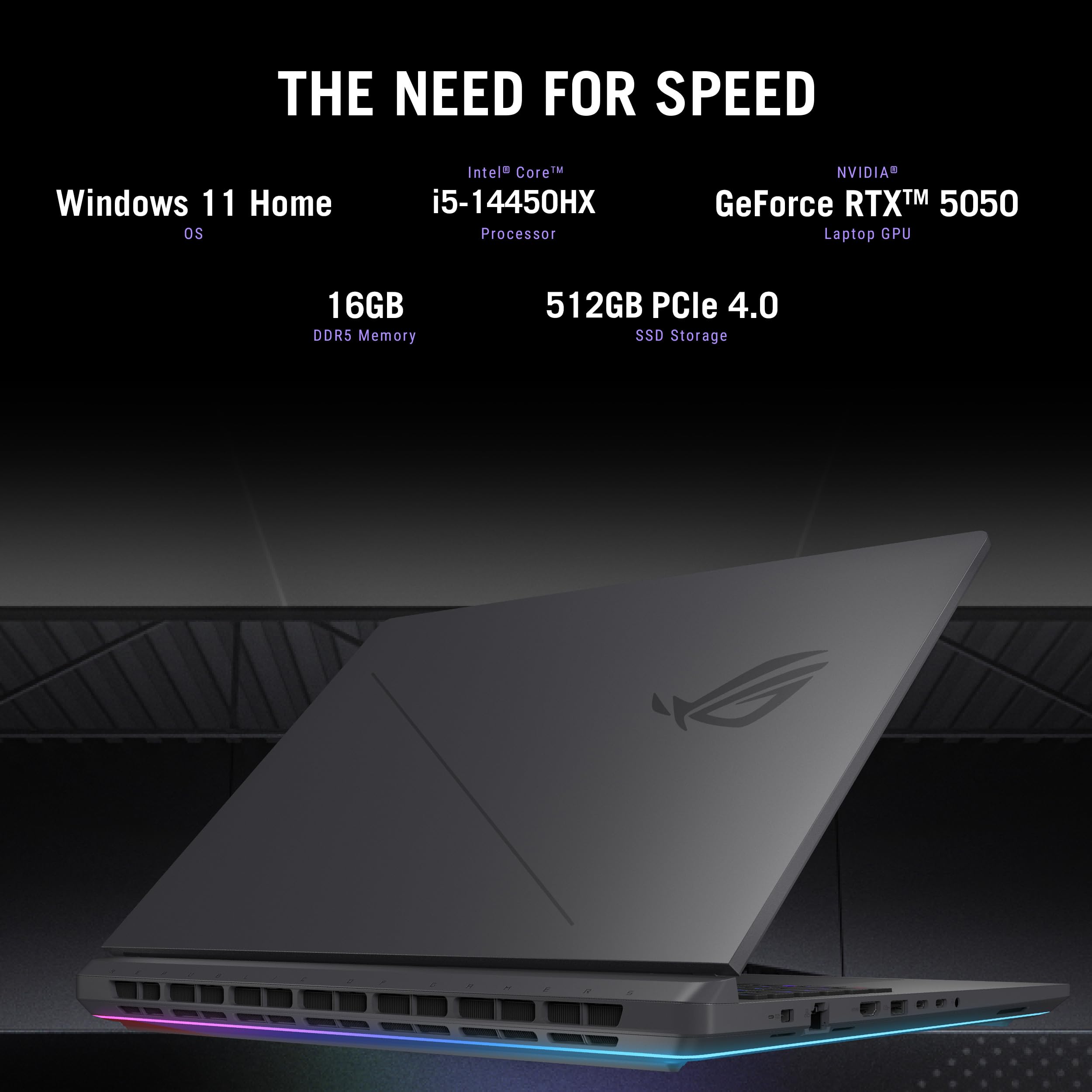 ASUS ROG Strix G16 Gaming Laptop 40,6 cm 16:10 FHD+ 165Hz/3ms, NVIDIA GeForce RTX 5050 Laptop GPU, processore Intel Core i5 14450HX, 16GB DDR5-5600, SSD 512GB PCIe Gen 4, Wi-Fi 7, Win11 Home, G61