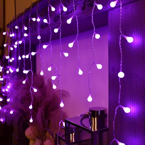 YOLIGHT Luces de cortina de hadas luces USB y con pilas 13 pies 96 luces LED colgantes para dormitorio boda fiesta decoración de Navidad morado