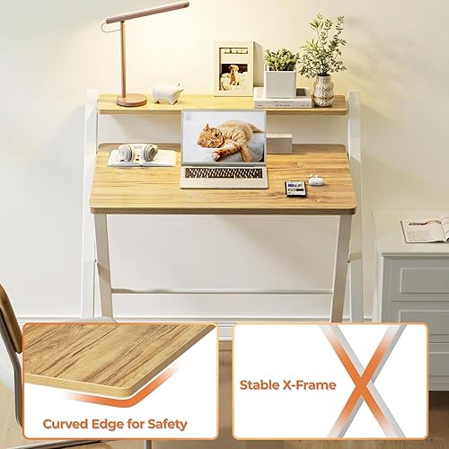 Miniatura 6 de GreenForest - Escritorio portátil pequeño sin ensamblaje, escritorio compacto de 2 niveles para computadora con estante, mesa plegable para ahorrar