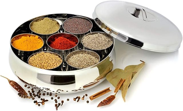 RUCI CRAFTS Stainless Steel Apple Indian Spice Masala Box Dabba With 7 Spice Containers with Size 8 X 8 Inches