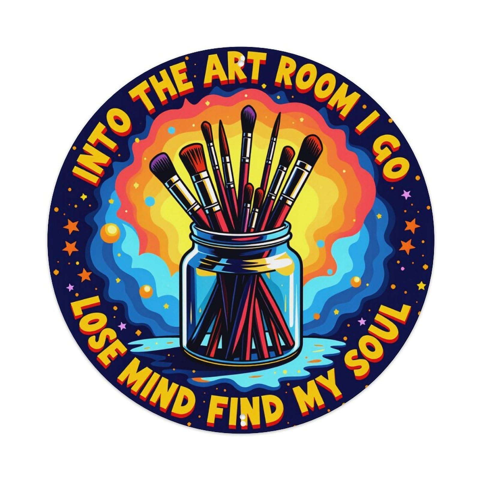 Art Room Brush Jar Sky Stars Round Tin Sign Vintage Metal Poster Retro Bar, Home, Man Cave, Kitchen, Laundry Room Wall Art Decor Gift 8x8Inch