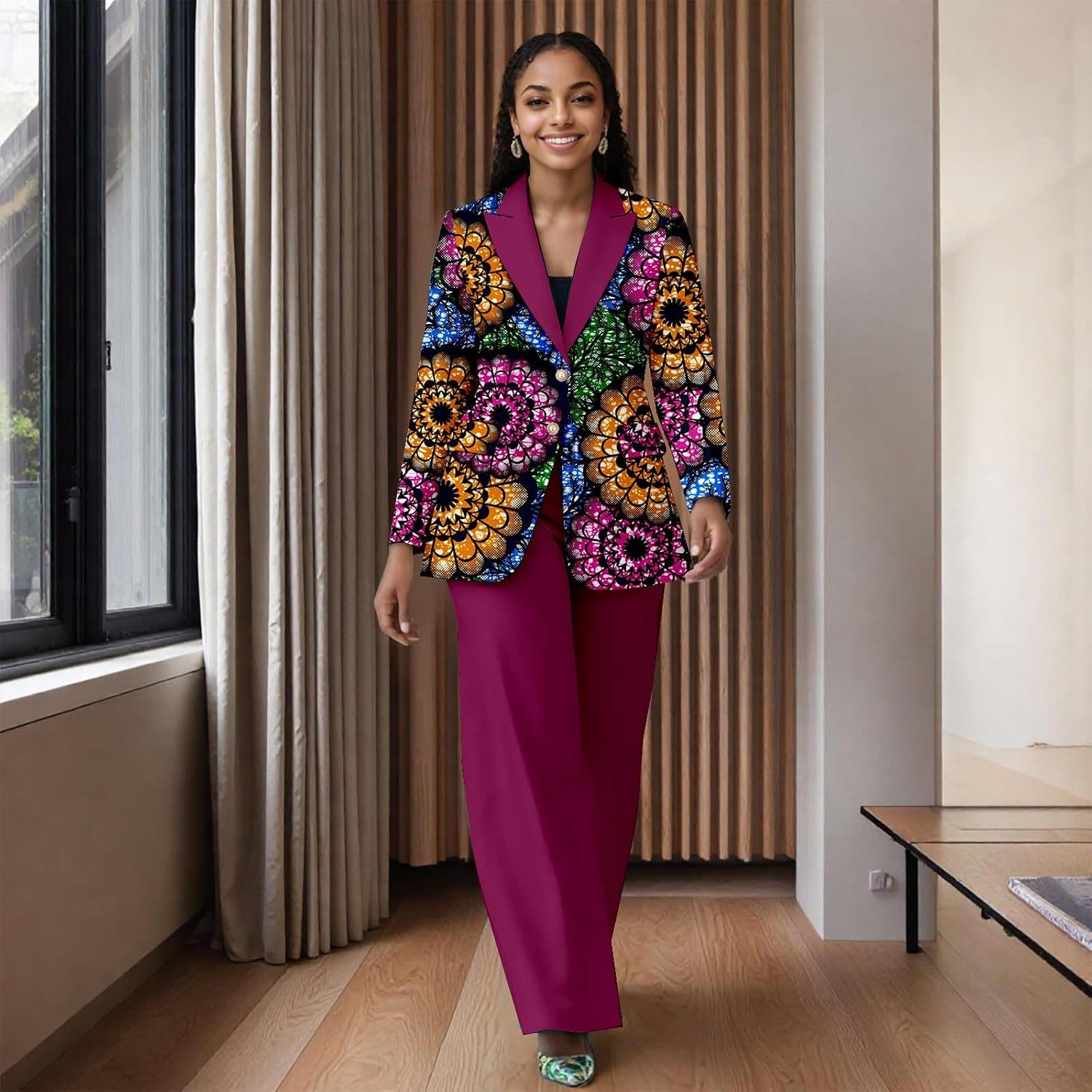 African Clothes for Women Two Button Blazer and High Waist Pants 2 Piece Set Print Suit for Lady