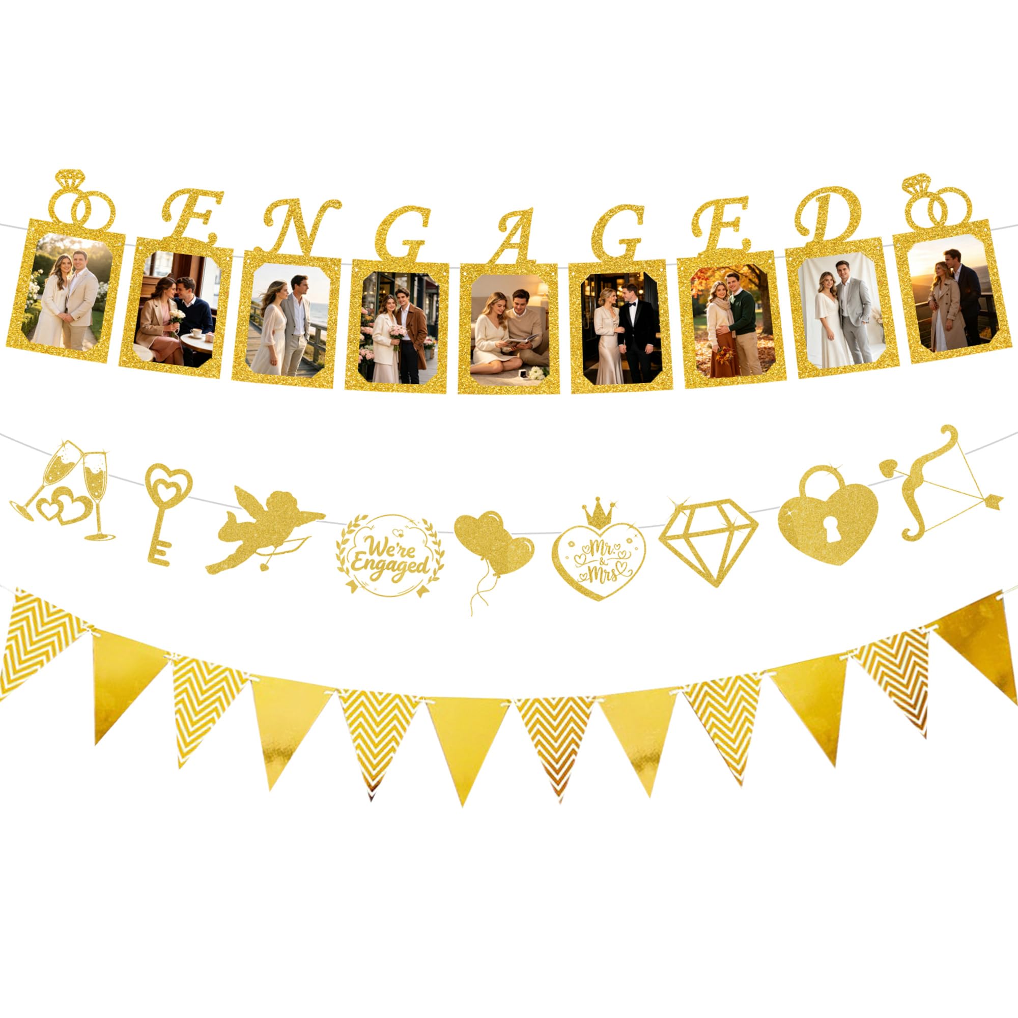 Gold Engagement Party Photo Banner Set, 30 Pcs Glitter Photo Banners