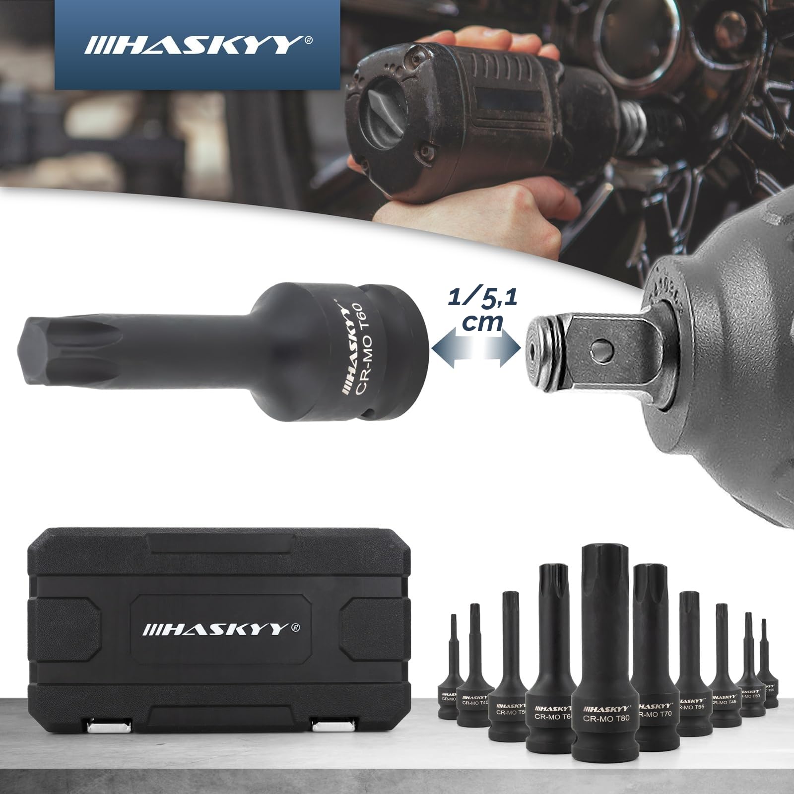 HASKYY Ensemble de douilles pour écrou de visseuse à choc 1/2 pouce T20-T80 - Jeu de bits pour clé à douille Torx - 10 pièces - Ensemble d’écrous Torx - Outil pour entretien de voiture, moteur, freins