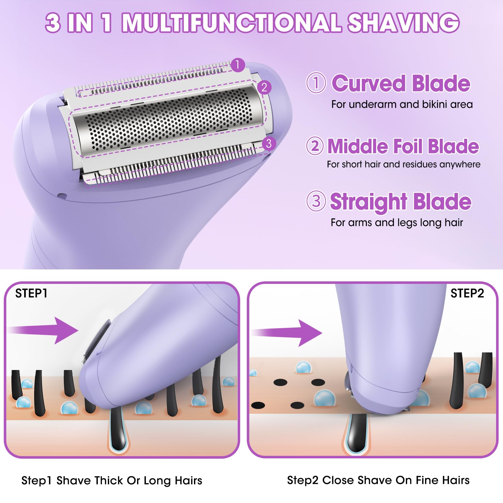Rasoio elettrico per bikini da donna, kit 3 in 1 per la rimozione dei peli del corpo, per viso, pubico, braccia, gambe, ascelle, trimmer bikini, indolore, IPX6, impermeabile, ricaricabile, portatile