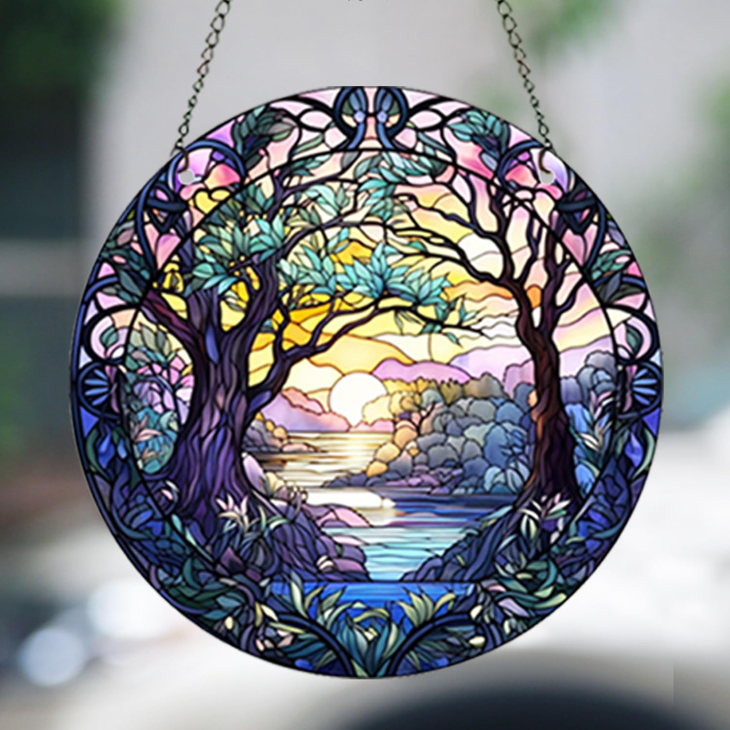 ZZHAOYI 5.9'' Tree Life Acrylic Window Hanging Nature Round Sun Catcher Round Sun Catcher Home Decor Forest Stained Sun Catcher Window Decor Wall Art