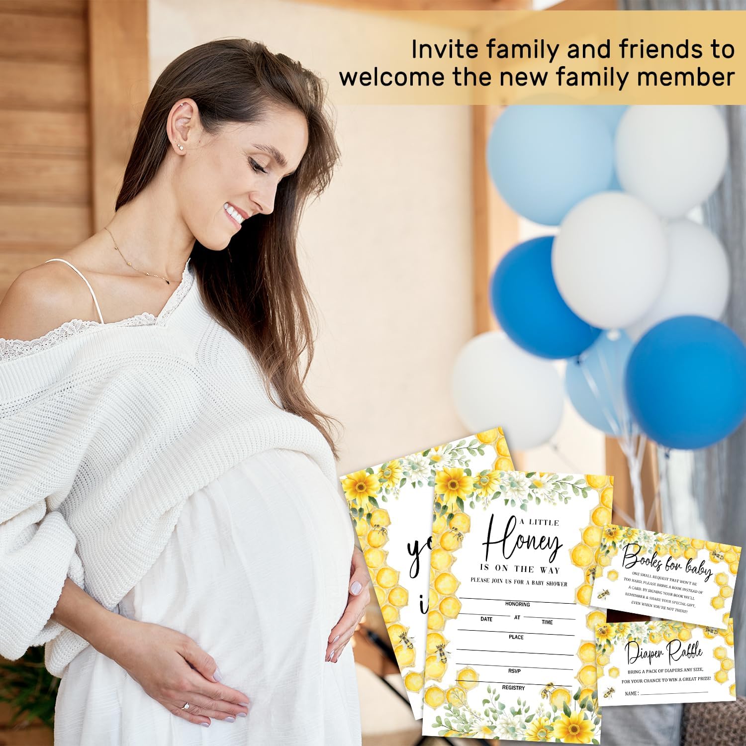 Boy Girl Baby Shower Invitations for Boy Girl, Set of 25 Baby Shower Invites Honey Bee Gender Reveal Invites Cards with Envelopes, Book Request Cards, Diaper Raffle Tickets for Party Supplies /01