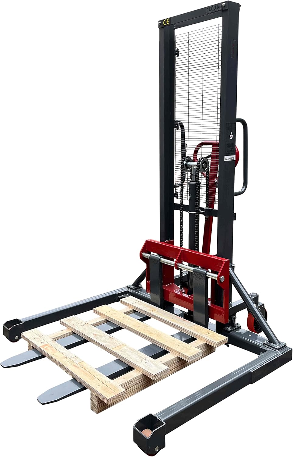 Long Fork Manual Pallet Stacker Hand/Foot Pump Lift Truck Hydraulic Lift with Adjustable Fork and Straddle Legs, 2200 lbs Capacity, Lift Height 63", Fork 45.27" L, Leg 49.2" W