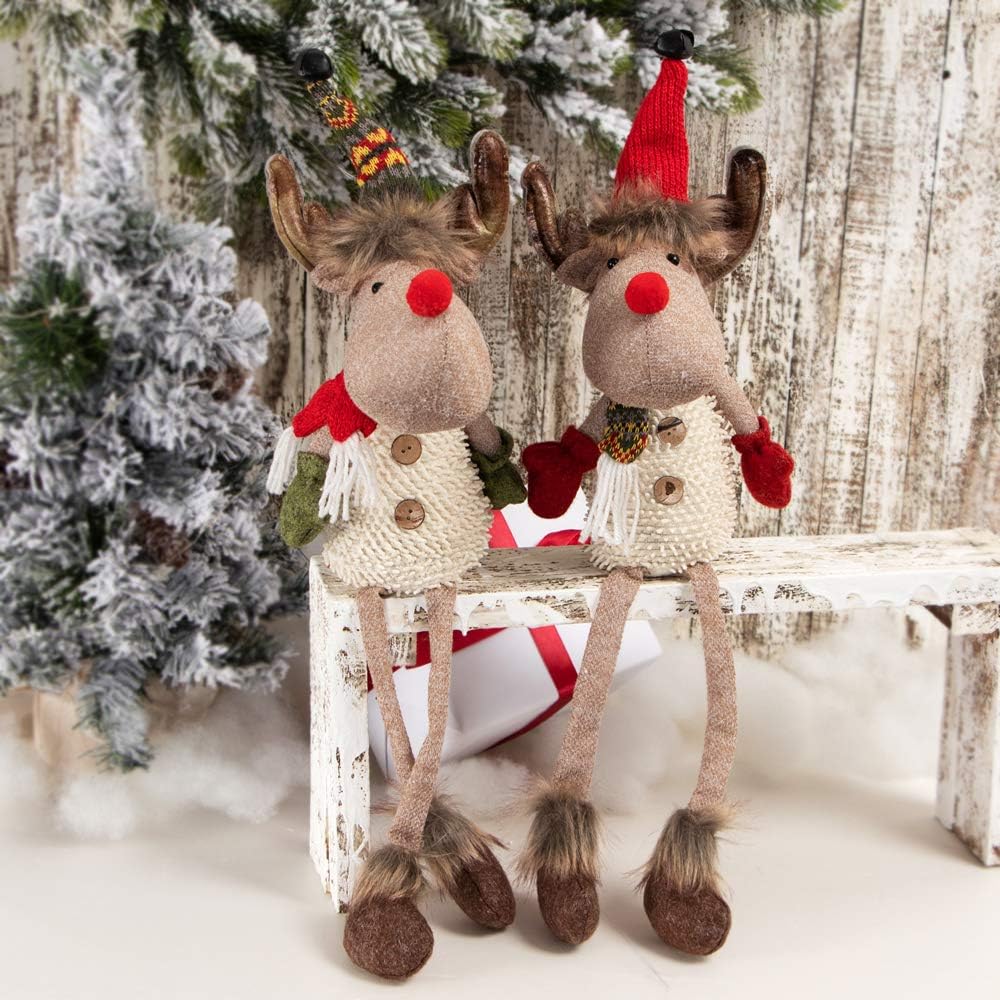 XAMSHOR Handmade Christmas Moose Sitting Long Leg Reindeer with Bendable Hat Stuffed Figurine Gift for Holiday Decorations 2 Pack