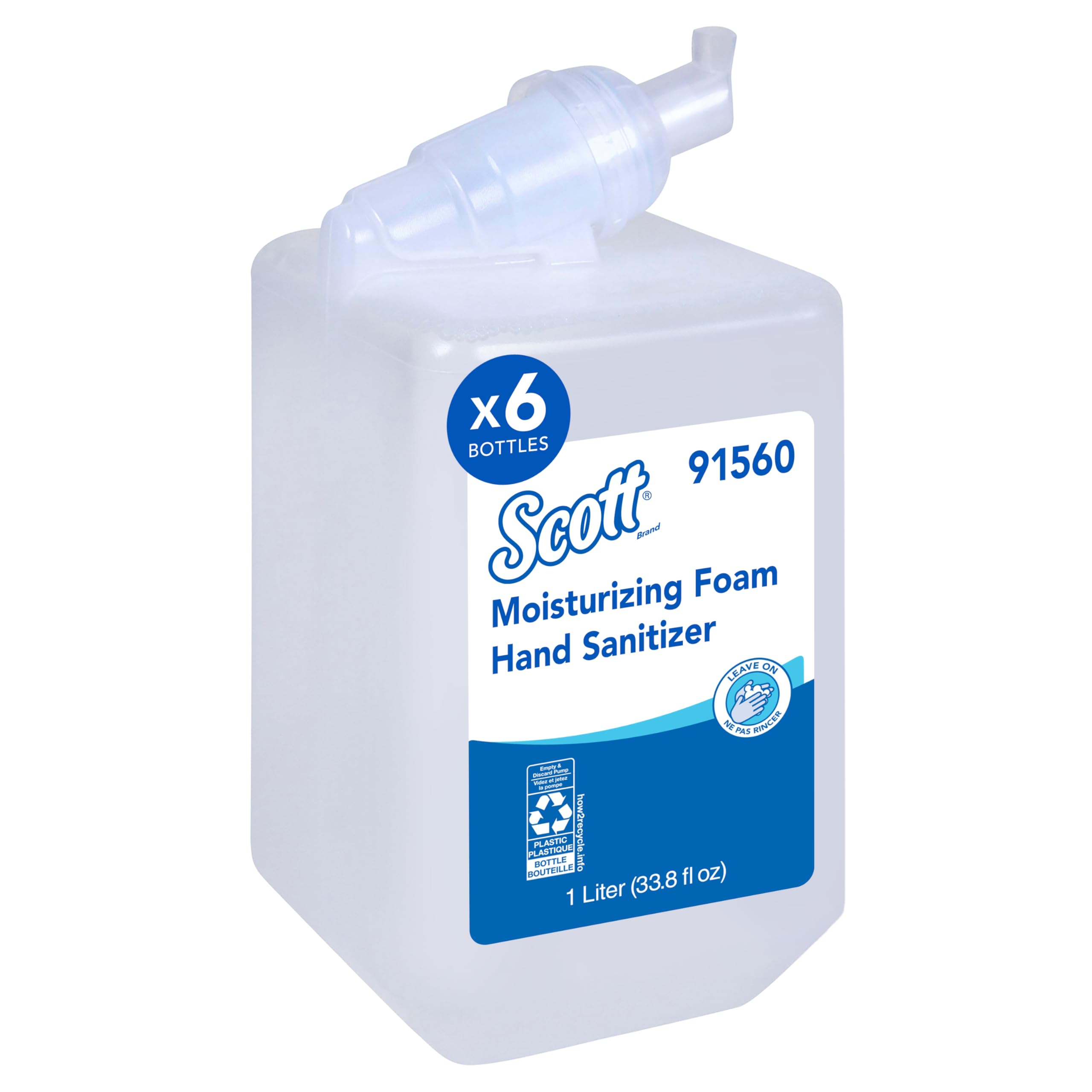 Scott Professional Moisturizing Foam Hand Sanitizer (91560), 1.0 L, Foaming, Clear, Fresh Scent Manual Soap Refills, NSF E-3 (6 Bottles)