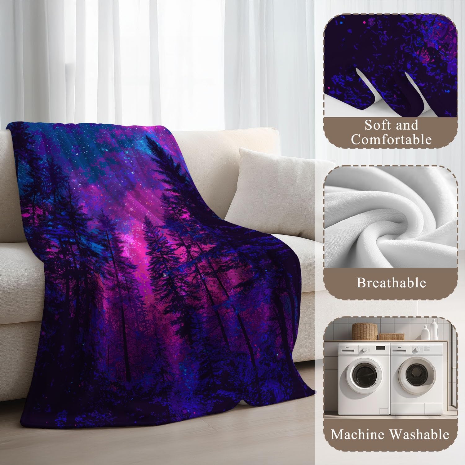 Generisch Koc polarowy, liliowy, czarny, fantazyjny, tajemniczy las, gwiaździste niebo, 150 x 200 cm, koc na kanapę, puszysty koc z mikrofibry, narzuta na łóżko, sofę