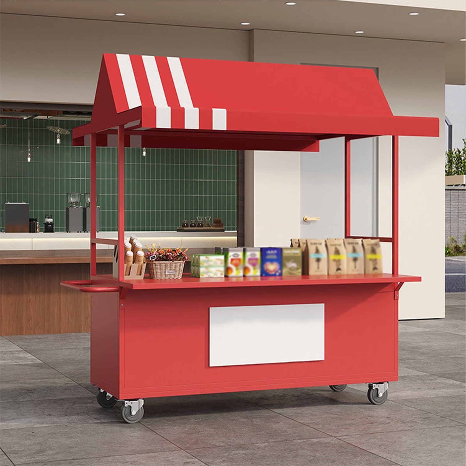 Tragbarer Outdoor-Händlerwagen, mobiler Lebensmittelständer mit Rollen, einfache Montage, Eisenmarktstand für Parks, Streetfood und Veranstaltungen (Rot, 160 cm)