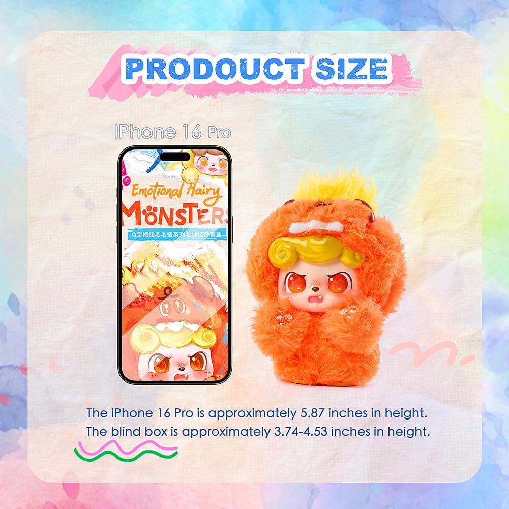 Baby Three Q.Kid Plush Blind Box，Emotional Hairy Monsters Series Plush Toy Keychain & Bag Charm Collectible Cut Birthday Gifts for Girl 1PC (1 of 7 Possible Styles) 4.2 in