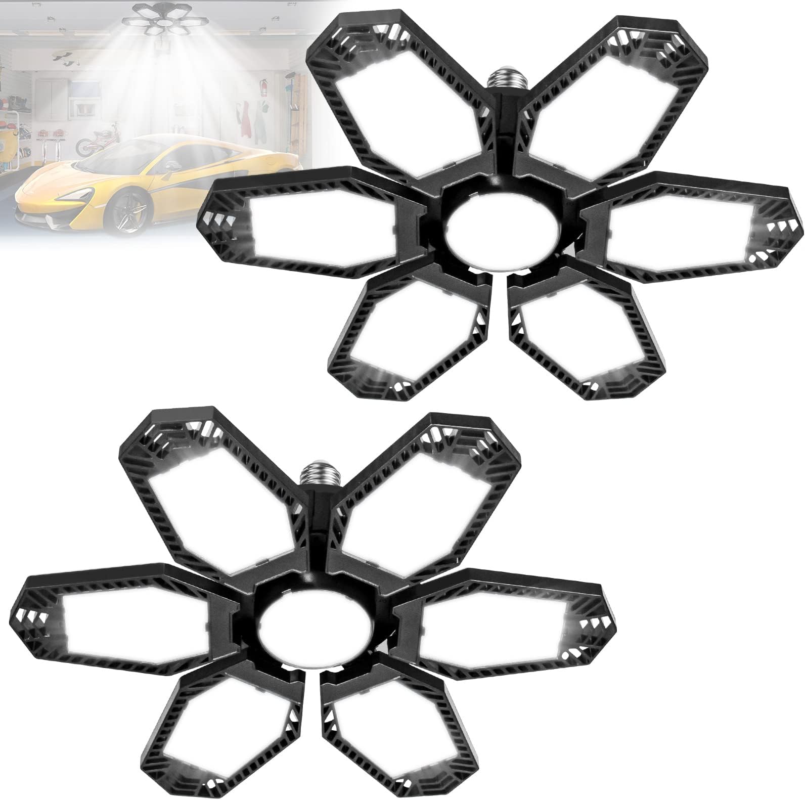 2 Pack Led Garage Ceiling Lights, 160W Deformable LED Garage Lights with 6+1 Multi-Position Panels, 16000LM E26/E27 Led Shop Lights for Garage Workshop Basement Attic Barn