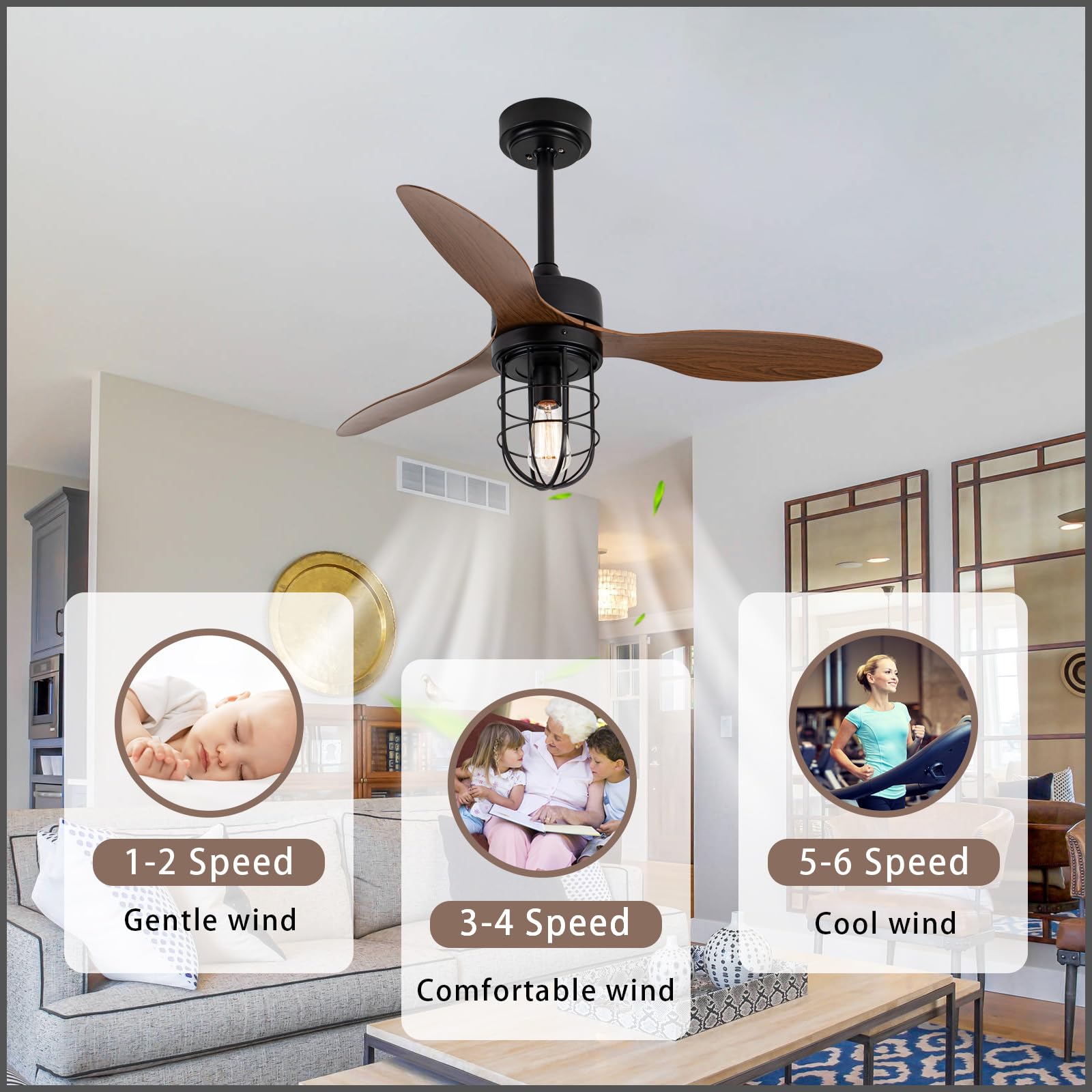 Wentylator Sufitowy Z Oświetleniem do Sypialni I Pilotem Cicha Lampa Z Wentylatorem LED Odwracalna, Ściemnialna 6-biegowa Lampa Sufitowa Z Wentylatorem Nowoczesna DC Smart Duża Salonu-Wood