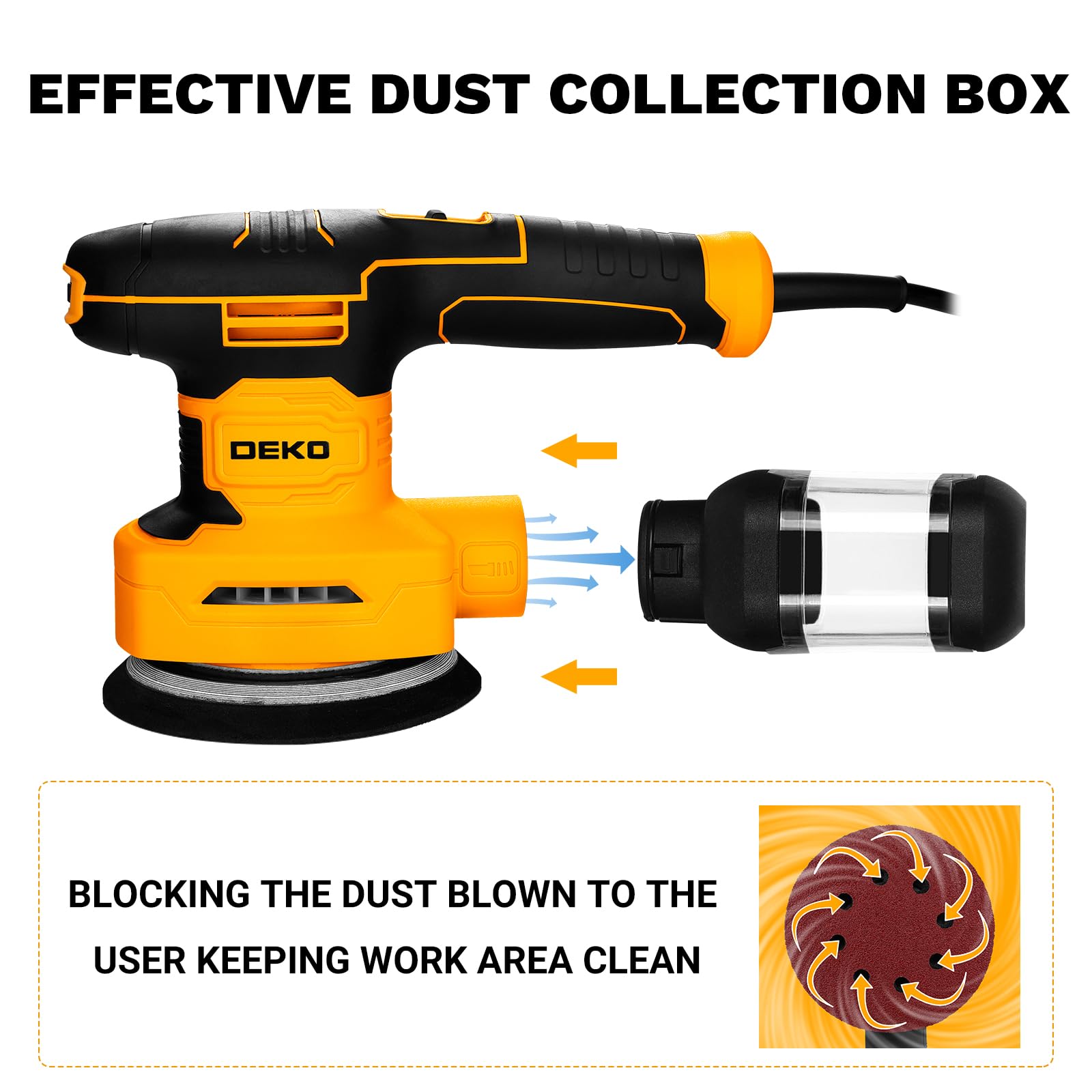 DEKOPRO 3-IN-1 Levigatrice Orbitale: Levigatrice Multifunzione 300W 13000RPM, con 15 fogli di carta vetrata, 6 velocità e accessori per il lavoro del legno