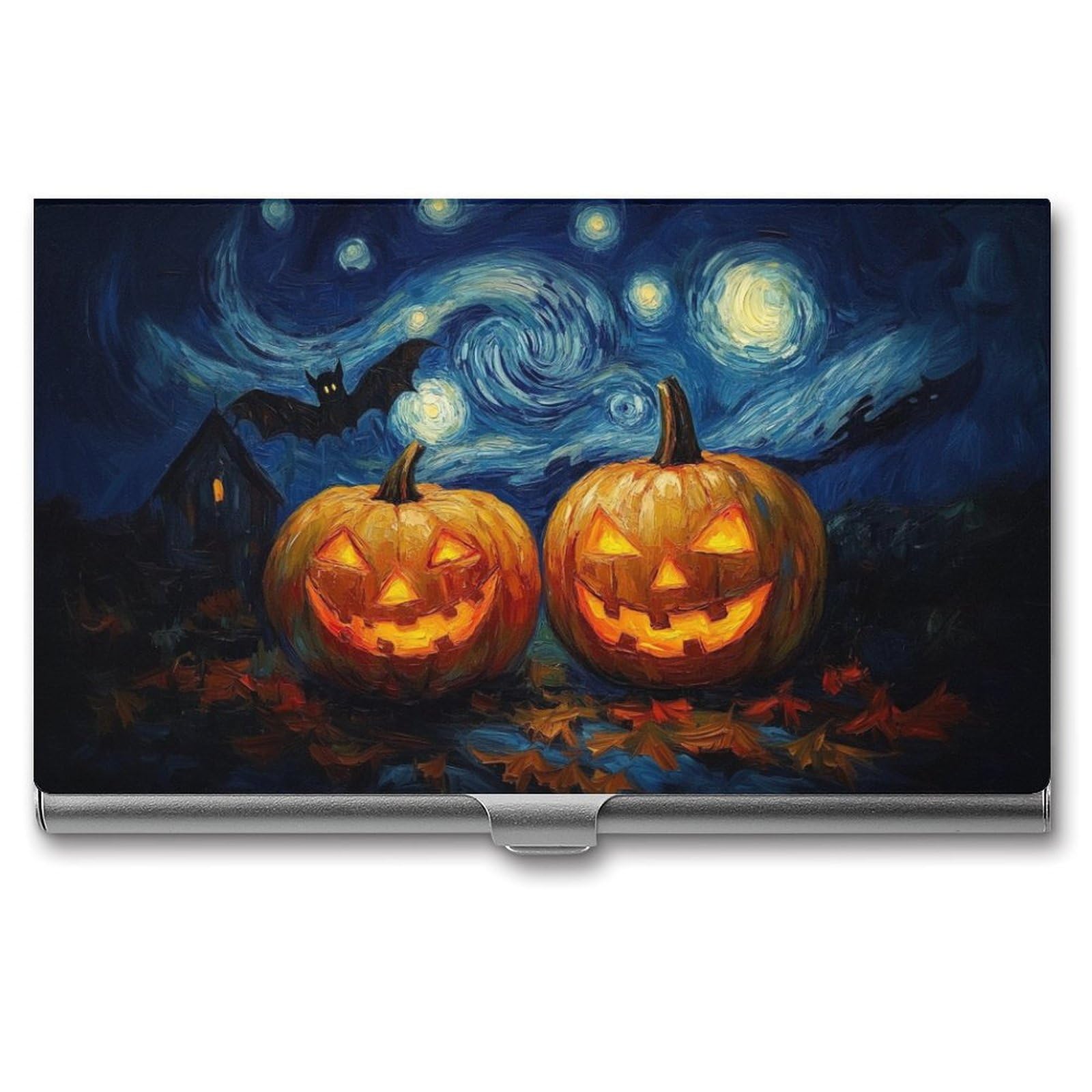 DuduYH Halloween Pumpkins Business Card Holder Pocket Slim Portable Metal Business Card Case