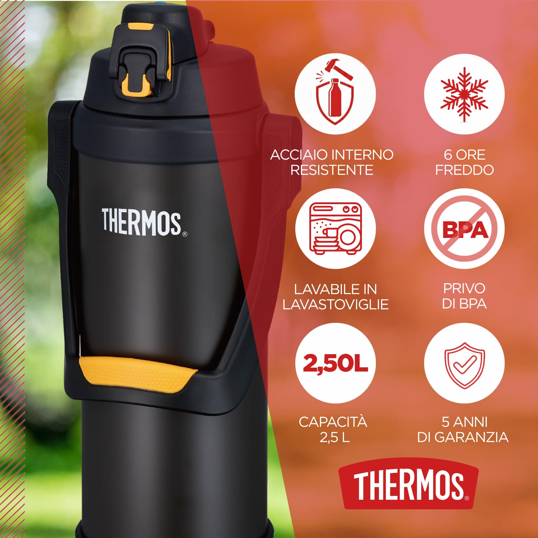 Thermos Sprot&hydrate Borraccia Gigante Acciaio Inox 2,5L Nero | maniglia, isolamento sottovuoto, grande capacita, caldo e freddo, senza BPA, doppia parete, ermetico