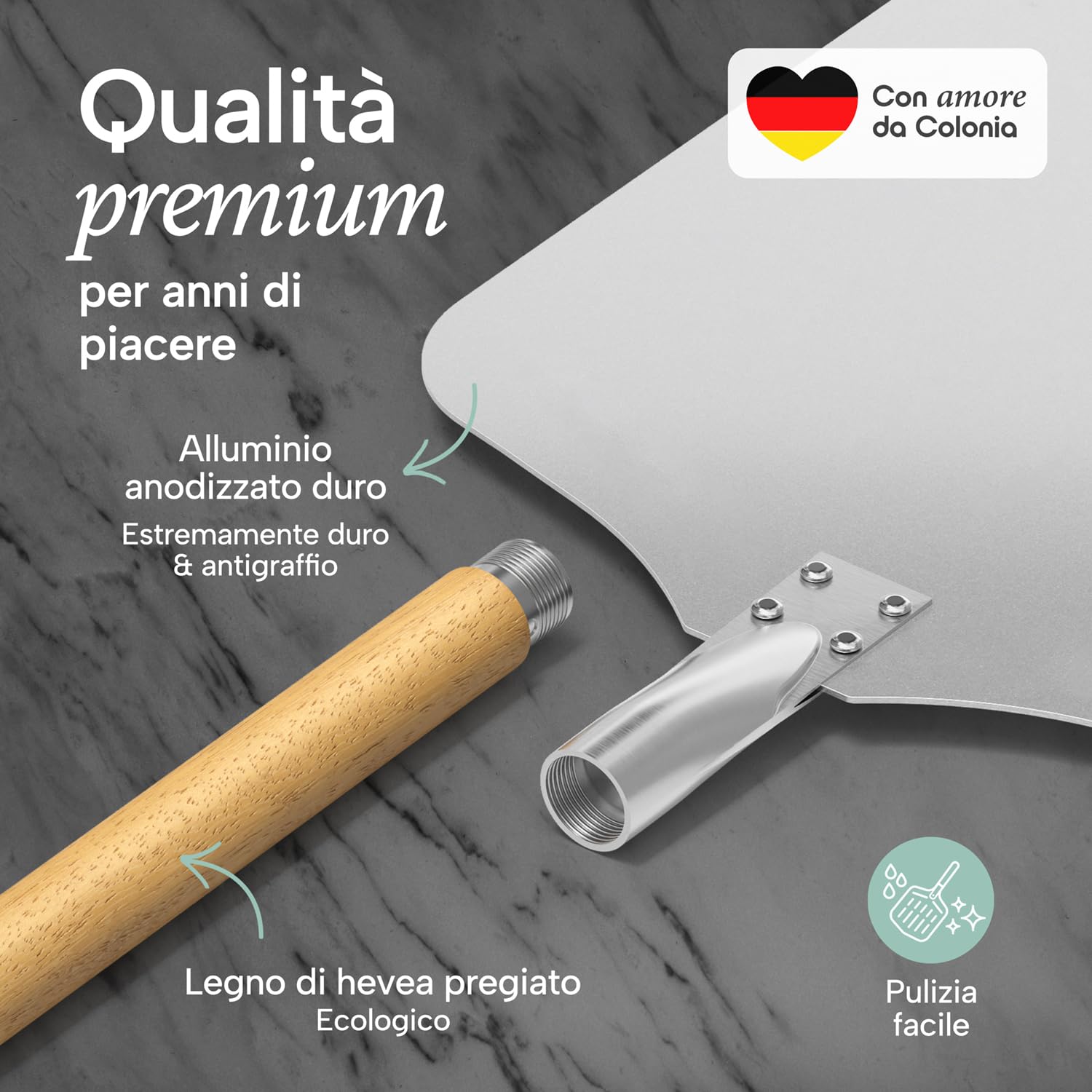 Blumtal Pala per Pizza Professionale - Pala Pizza - Paletta per Pizza - con Ampia Superficie in Alluminio 30,5cm x 30,5cm - Manico Rimovibile in legno lungo 85cm