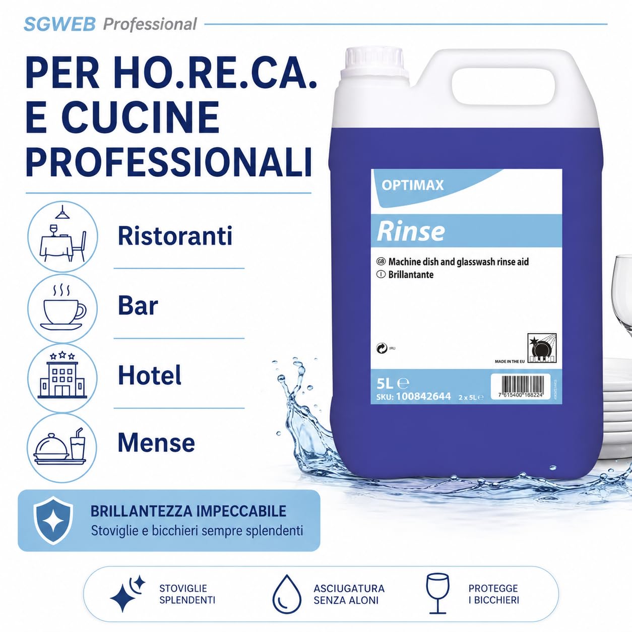 Brillantante Lavastoviglie Professionale 2 x 5L, Additivo Liquido per Risciacquo Stoviglie, Bicchieri e Posate, Asciugatura Rapida, Meno Aloni e Brillantezza Professionale