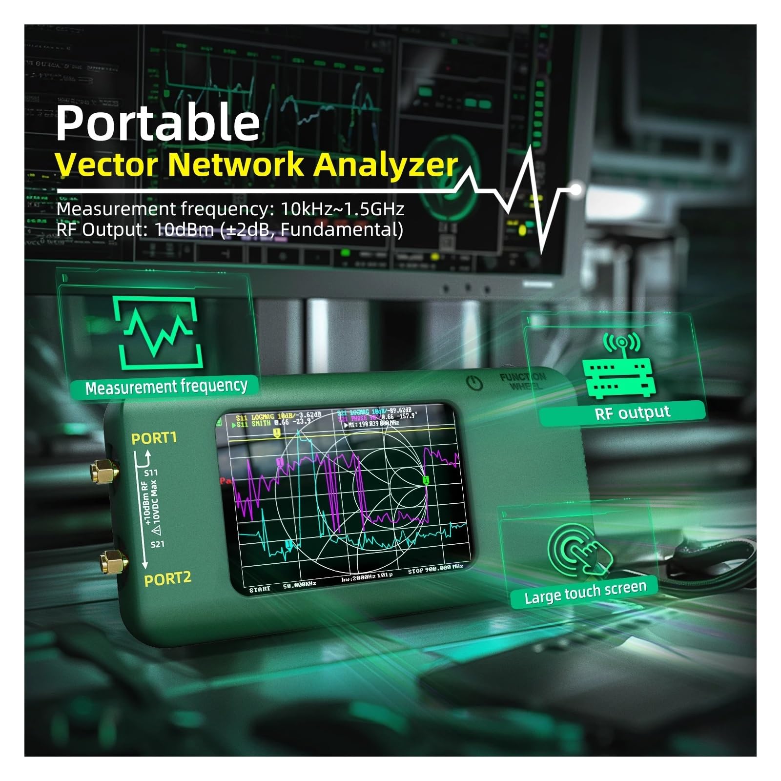 Spektrumanalysator, Tragbarer Vektornetzwerkanalysator, 3,98-Zoll-Touchscreen, 10 kHz – 1,5 GHz, MF, HF, VHF, UHF, SHF, mit SD-Kartensteckplatz, Antennenanalysator