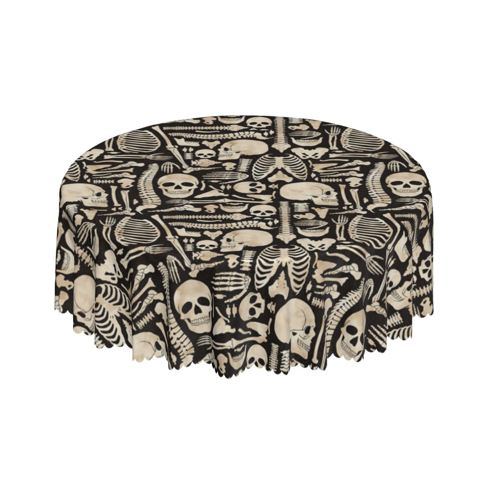 Lsjuee Skulls Skeleton Death Round Tablecloth 60 Inch Printed Washable Tablecloth for Dining Party Holiday Fall Home Decorative