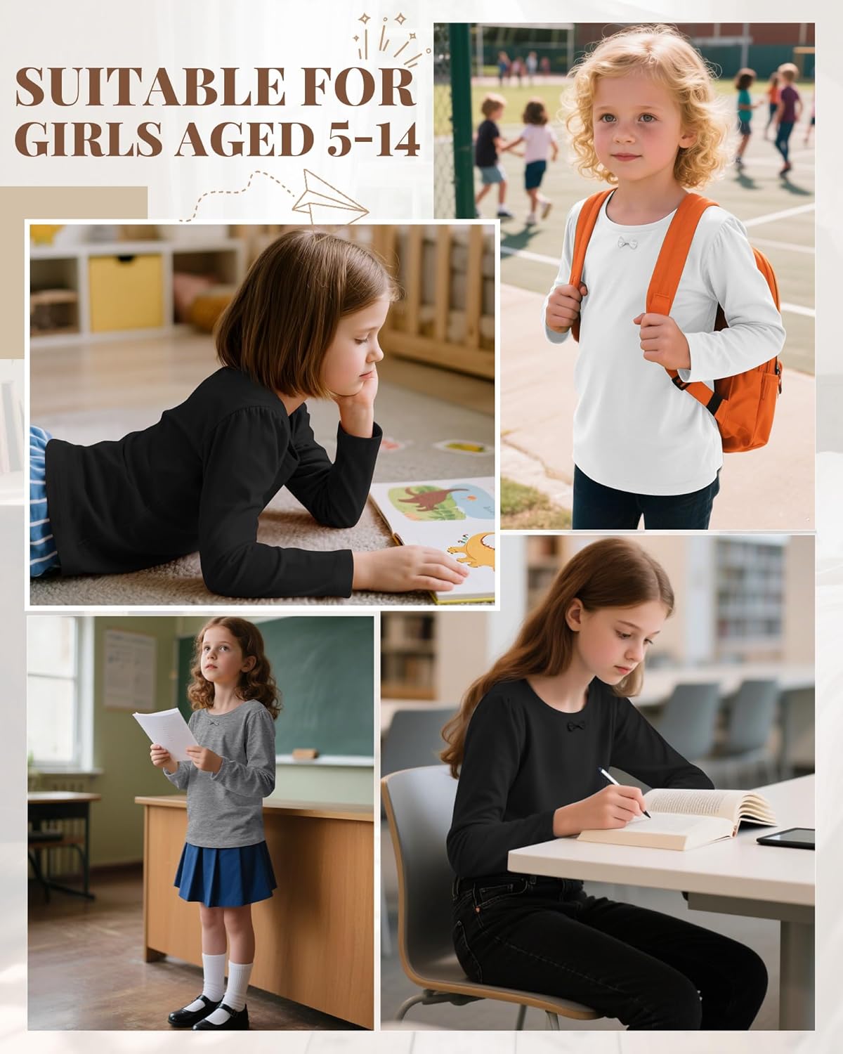 3 Pack Girls Long Sleeve T-Shirts Kids Basic Crew Neck with Bow Soft Layering Tops for Teen Girls, 5-14 Years - Image 4