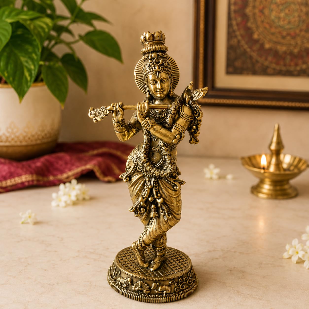 Brass Flute Krishna Idol | Antique Gold Finish | Handcrafted Decorative Figurine, Hindu Deity, Home Decor, Housewarming, Divine Gifting (Small), (5.5 inch Height 150 gm)-image-28