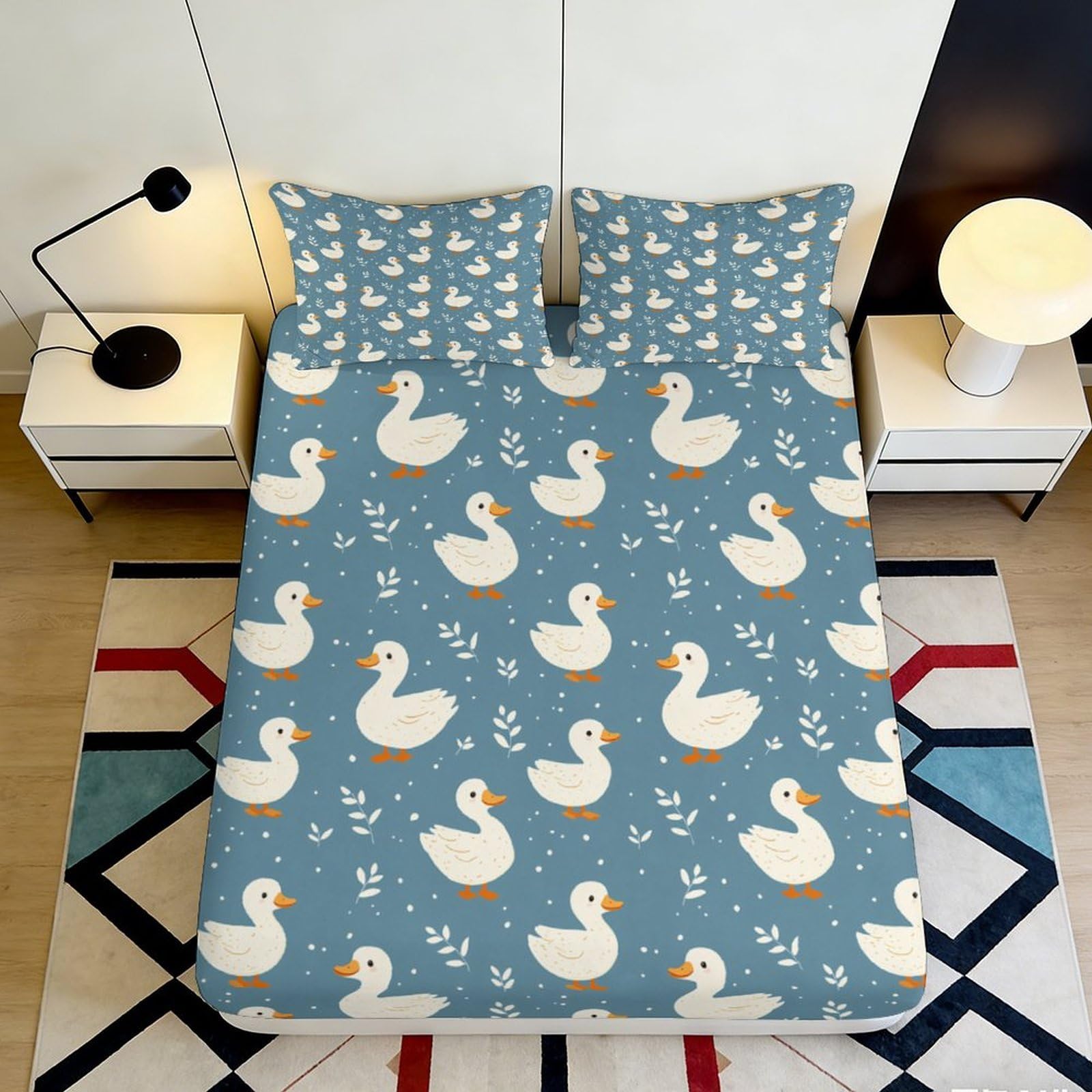 3D Printed Duck Blue Fitted Sheet Microfiber Soft Breathable Cartoon Animal Mattress Cover for Bedroom Dorm Decor 120x200x25cm