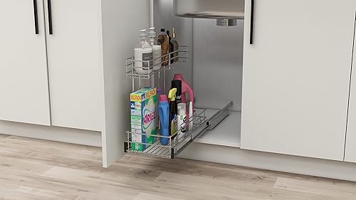 Miniatura 2 de Organizador de gabinete extraíble  Estantes deslizantes de 2 niveles para cocina baño hogar  Cajón deslizante debajo del fregadero para gabinete 9