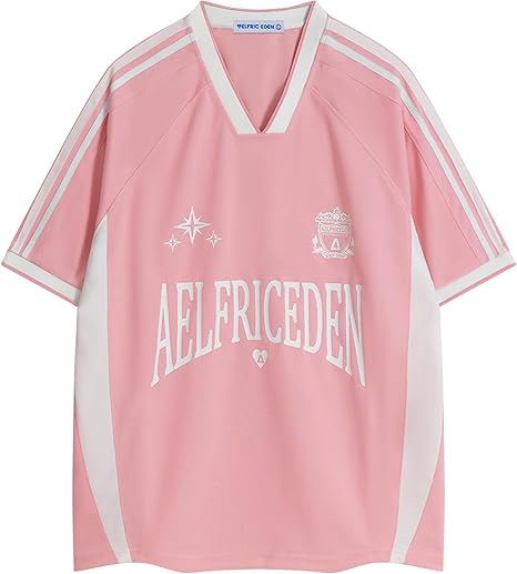Aelfric Eden Jersey Shirts Women Oversized Mesh V Neck Graphic Tees Y2k Color Block Short Sleeve T Shirt Tops