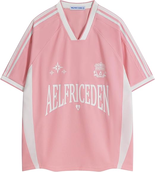 Aelfric Eden Jersey Shirts Women Oversized Mesh V Neck Graphic Tees Y2k Color Block Short Sleeve T Shirt Tops