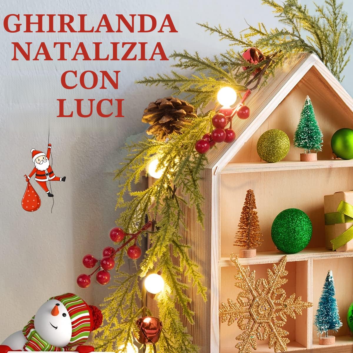 Ghirlanda Natalizia, Quntis Ghirlande Artificiali 175cm con 20 Lampadine, Pigne, Bacche Rosse, Campanelle Natalizie 8 Modalità di Luce e Timer Ghirlanda di Natale per Decorazioni Natalizie