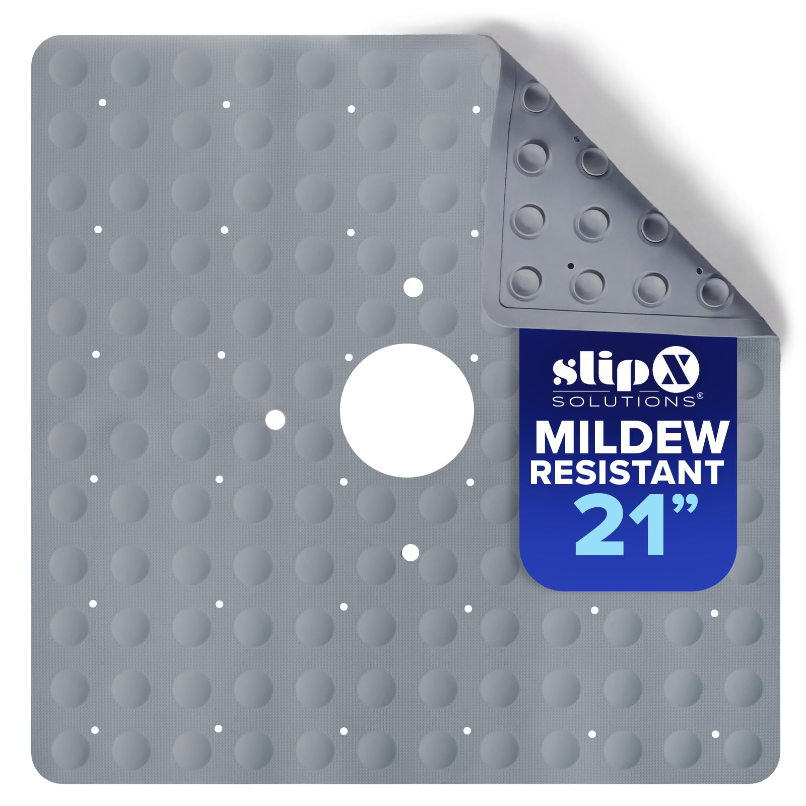 SlipX Solutions 21"x21" Mildew Resistant Non Slip Shower Stall Mat, Gray