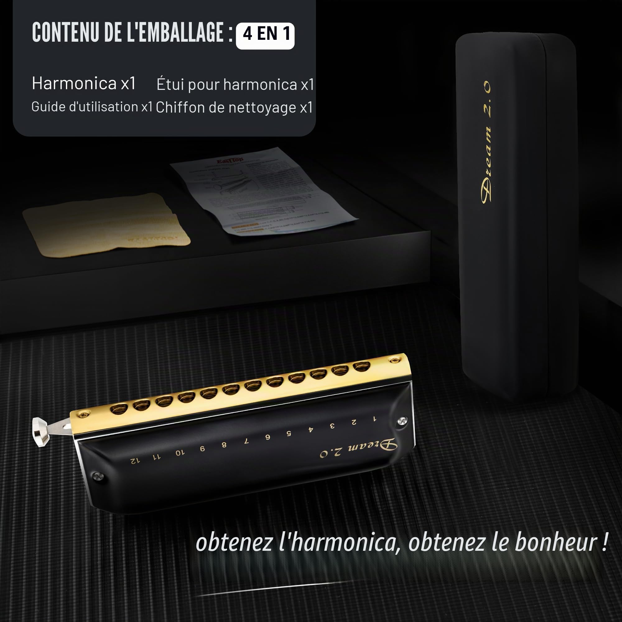 EAST TOP Harmonica chromatique en Do - 12 trous - 48 tons - Orgue professionnel - Pour adultes, professionnels et étudiants - Noir