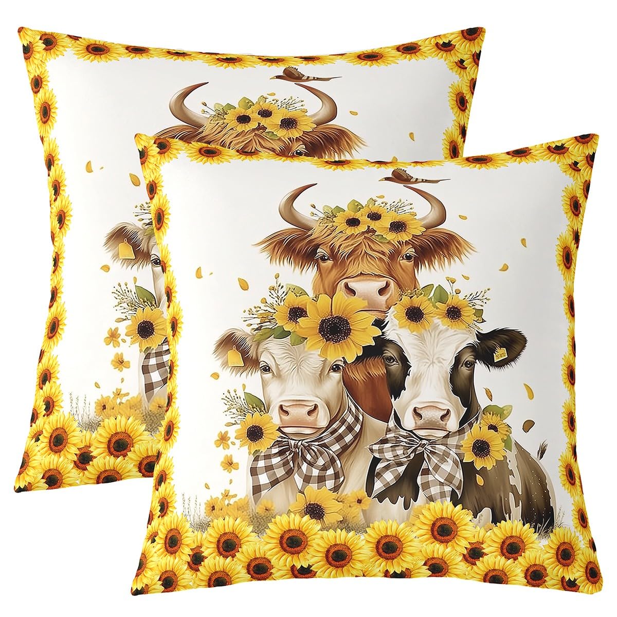 Loussiesd Highland Kuh Kissenbezüge 40x40cm Kawaii Sonnenblume Cartoon Tier Kissenhülle Western Dekor Dekokissen Bauernhaus Rinder Bull Sofakissen Couchkissen