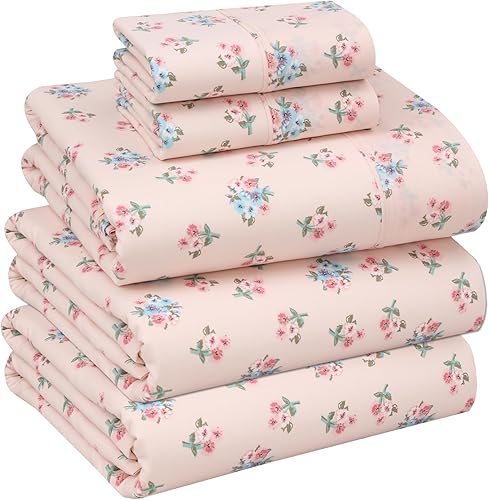 RUVANTI Sábanas 100% Algodón  Ropa de Cama Percal Tamaño King Dividido, Diseño Floral Refrescante y Transpirable, Duraderas con una Sensación