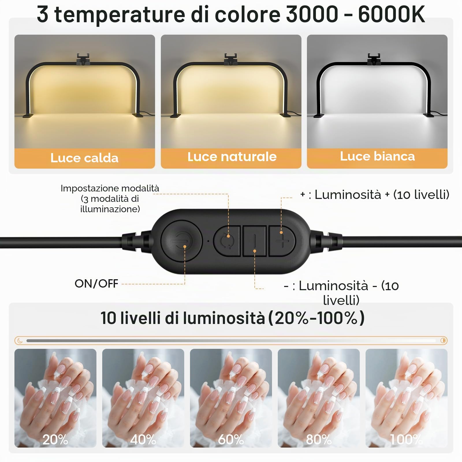 Lampada da Tavolo per Unghie, 72CM 40W Lampada Mezzaluna Estetista, Nero | Lmaqfum lampada arco unghie, led lampada da tavolo manicure professionale con Supporto per lashmaker Ciglia Tatuaggi Manicure