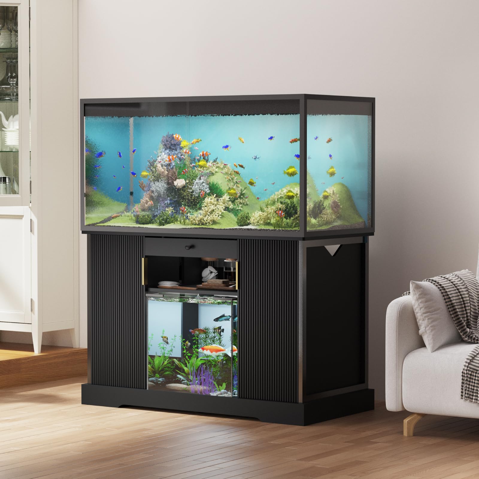 Reptilien Tank Ständer, Holzgestell für Aquarium, Aquarium Unterschrank, Terrarienständer mit Stauraum, Aquariumschrank für das Wohnzimmer, 120 x 60 x 80 cm, Schwarz