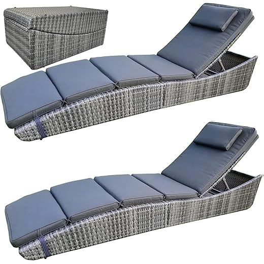 BTEXPERT Foldable Outdoor Chaise Pool Lounge Chair Folding Wicker Rattan Sun Bed Patio Couch Reclining Lounger Adjustable Padded Backrest Pillow Assembled Set of 2, Grey - Two Piece