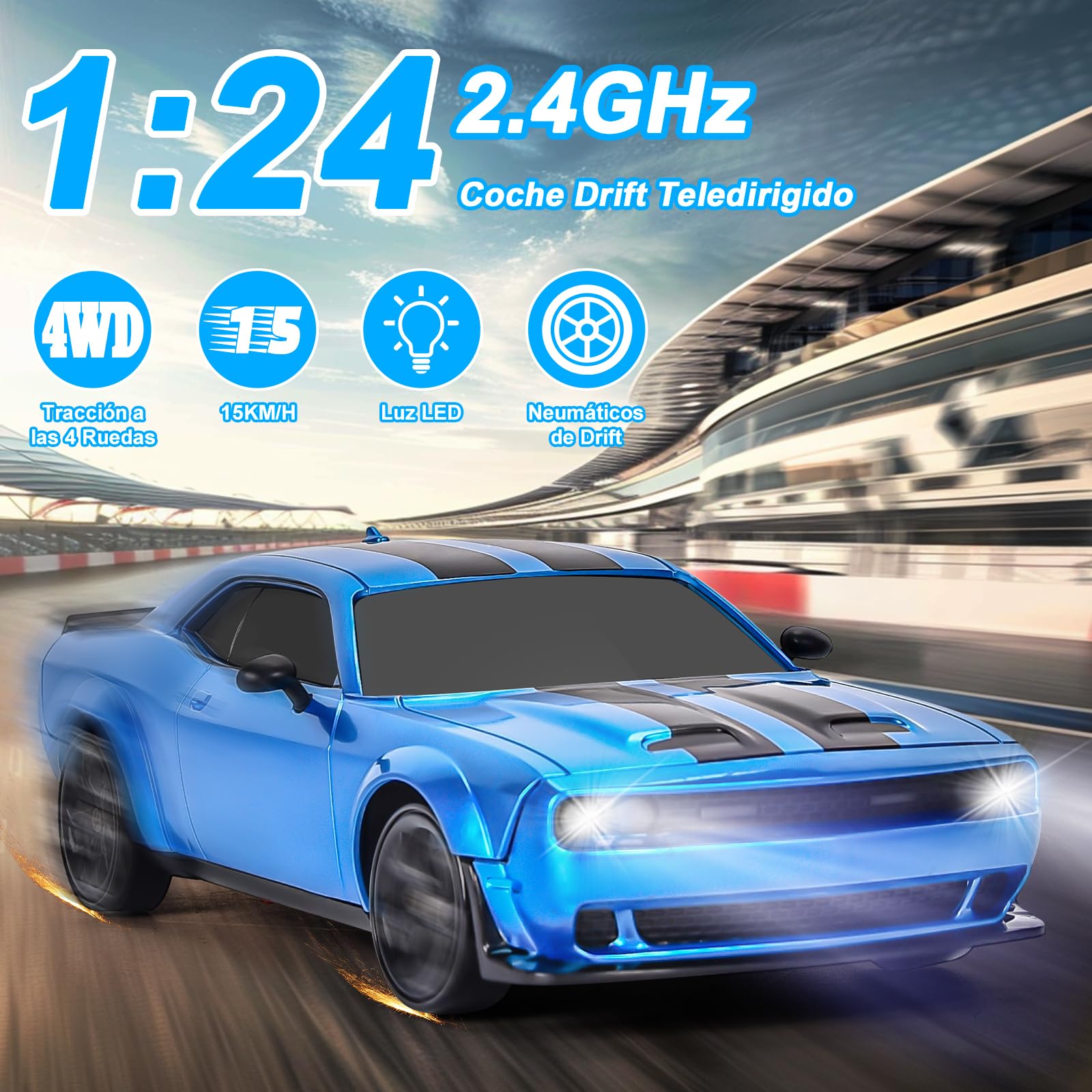 BuzzoXerex RC Drift Car, Mini Macchina Telecomandata Drift, 1/24 4WD Auto Telecomandata con Luce LED, 18km/h, Auto Giocattolo per Adulti e Bambini di Età Superiore agli 6 Anni (Blu)