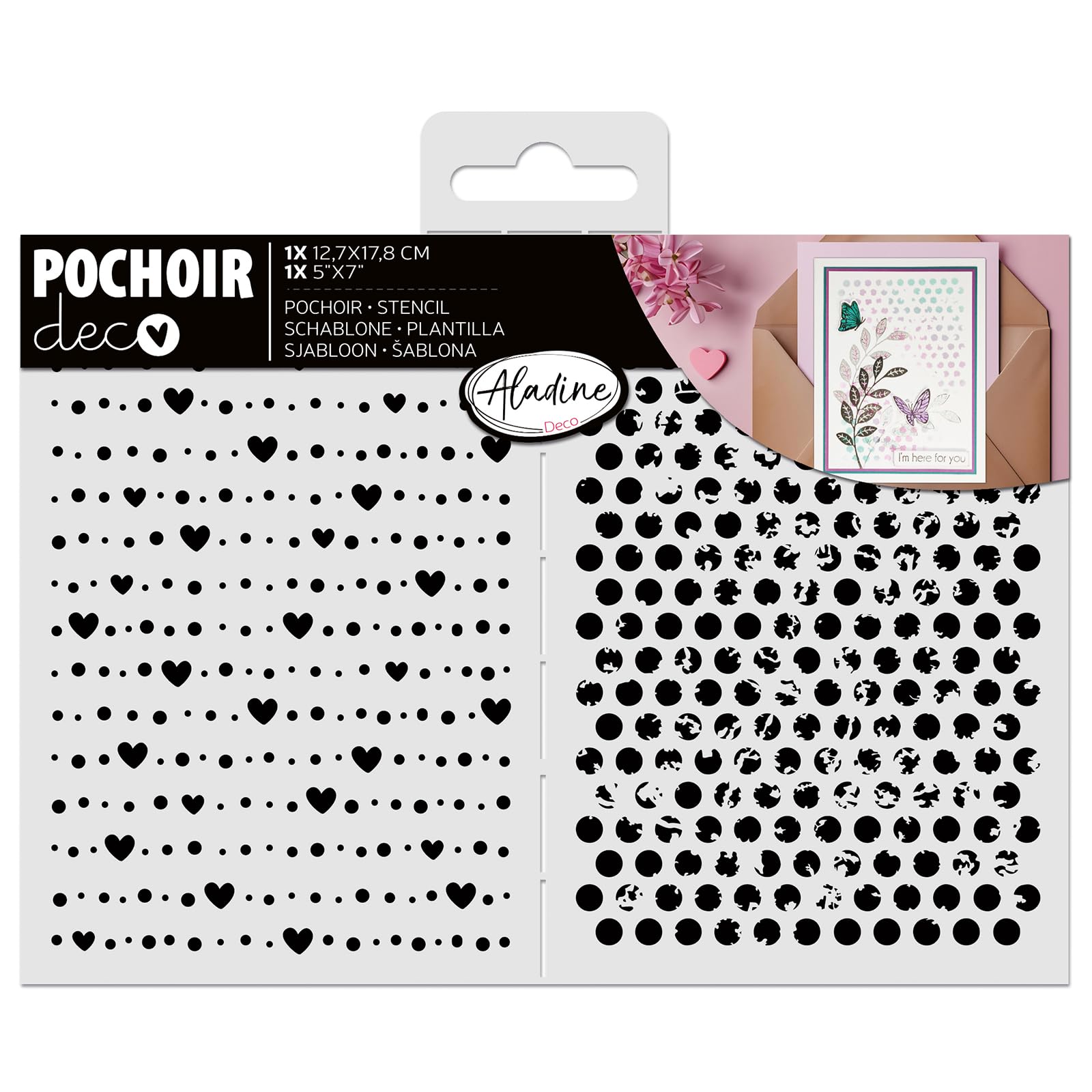 Aladine - Stencil Hearts & Distressed Dots 13 x 18 cm - Stencil for Decorating All Surfaces - Stencil Felt, Paint, Airbrush - Handwritten Drawing - 81259