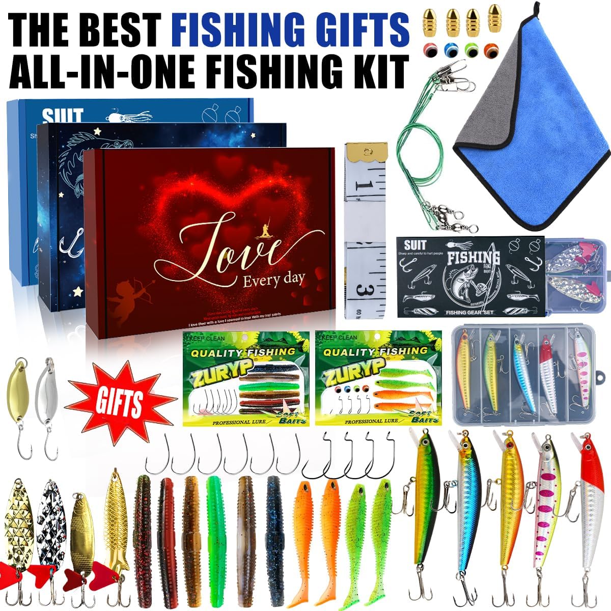 Fishing Gift Lures kit, Fishing Bait Kit for Bass Trout Salmon, Included Hard Bait,Spoon, Hooks, Soft Plastic Worms Other Accessories, Birthday and Valentine's Day Fishing Gear Gifts