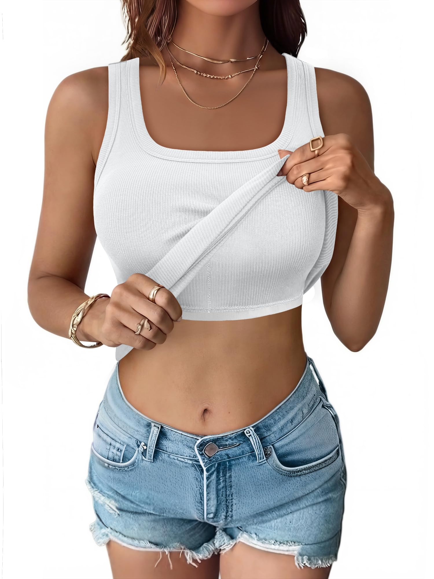 ANRABESS Womens Tank Tops Built in Bra Summer Scoop Neck Sleeveless Basic Tee Ribbed Fitted Casual Shirts 2026