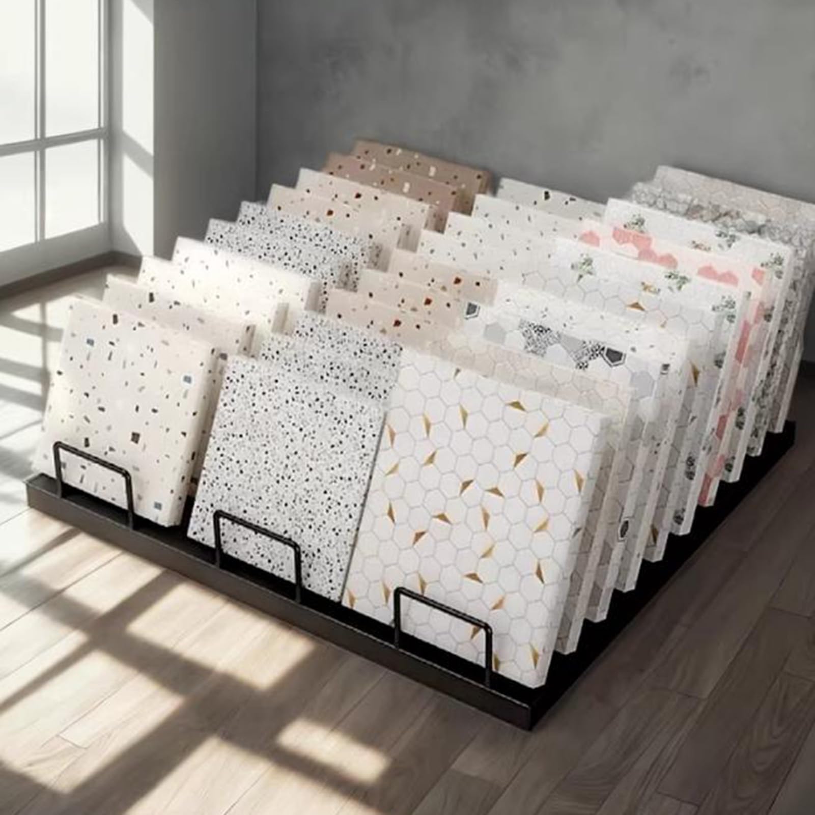 Stojak na płytki ceramiczne z wieloma przegródkami, półka ekspozycyjna na płytki porcelanowe, organizer do magazynów i sklepów detalicznych