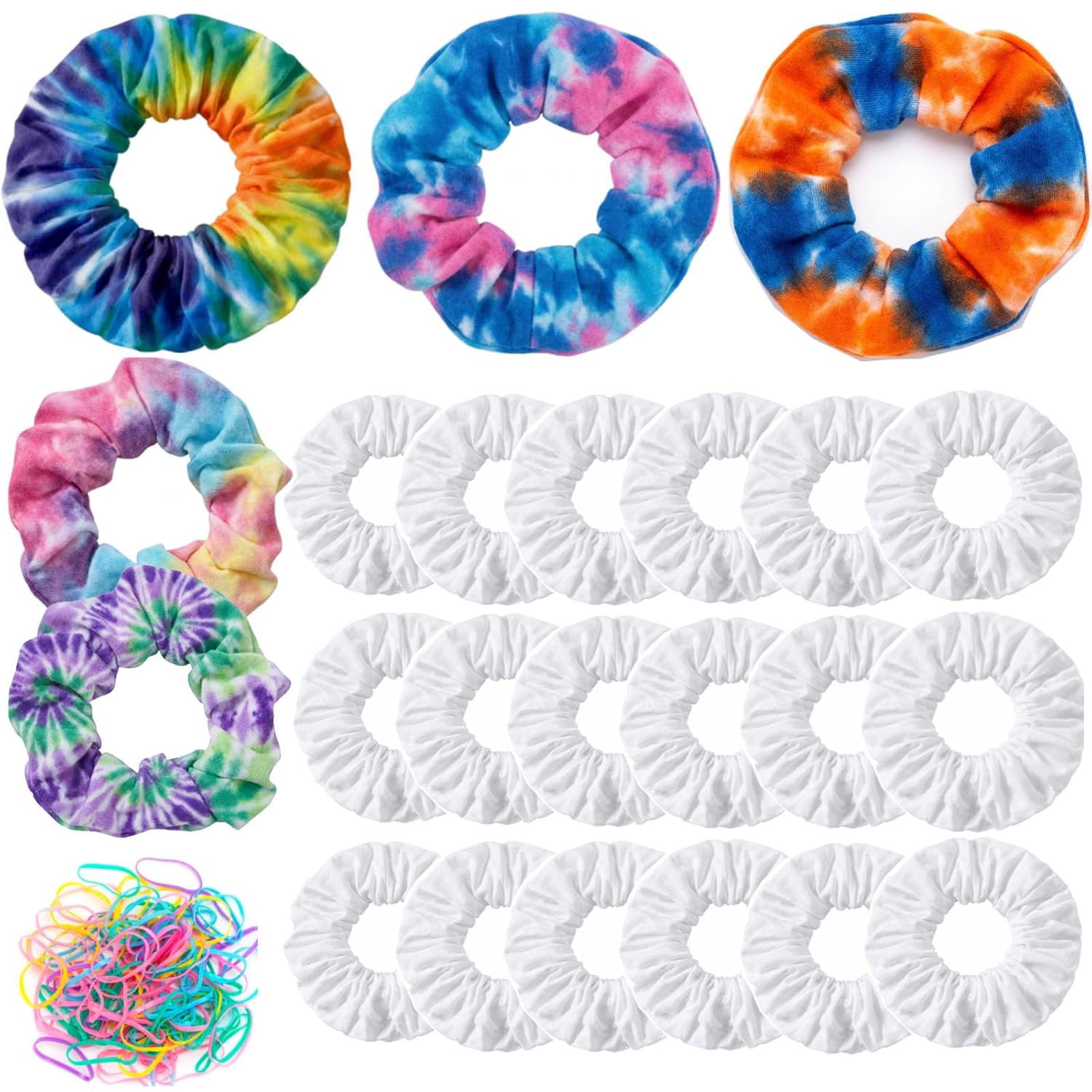 Sosation 30 Packs White Scrunchies for Tie Dye Kit Party Supplies, White Cotton Hair Elastic Hair Ties Pony Tail Holder with 200 Packs Rubber Bands for Women DIY Supplies Gifts